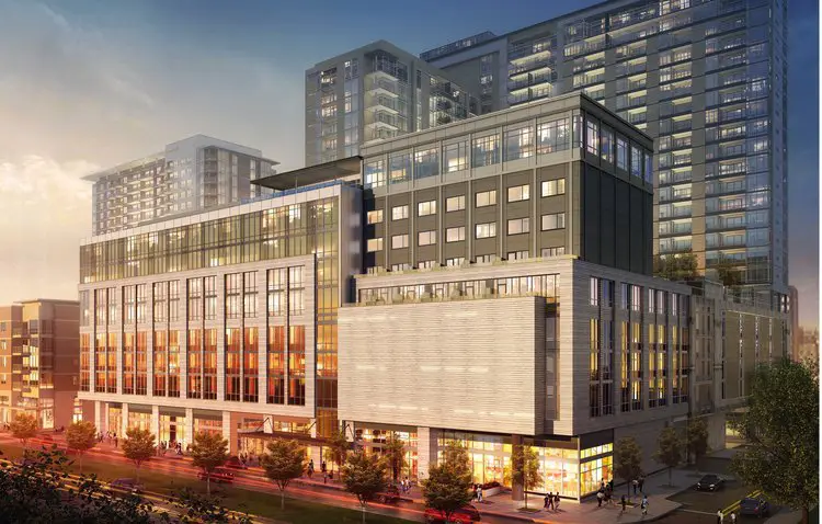 an artist's rendering of a building in a city